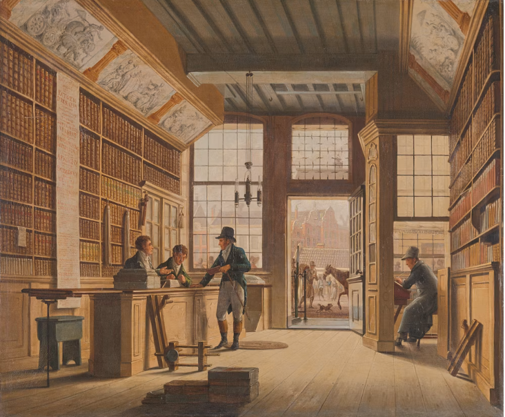 Historical library interior with bookshelves and vaulted ceiling.