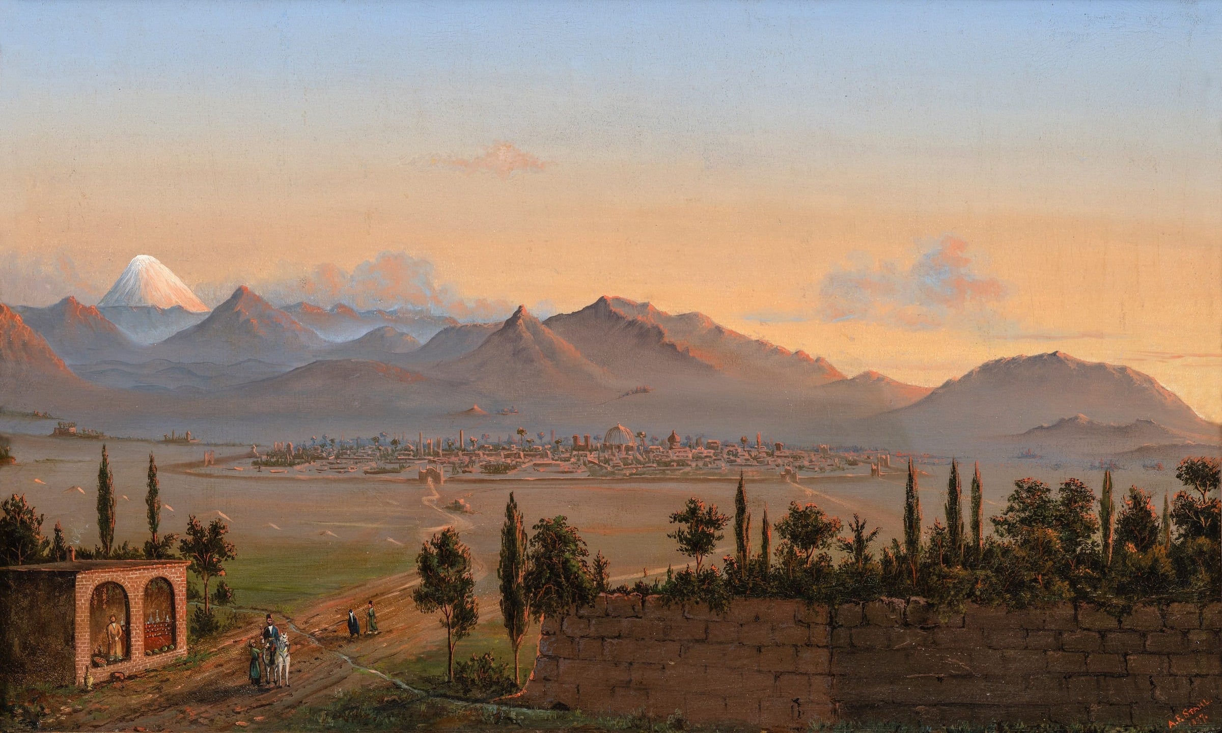 19th-century landscape painting of a walled city beneath mountains.